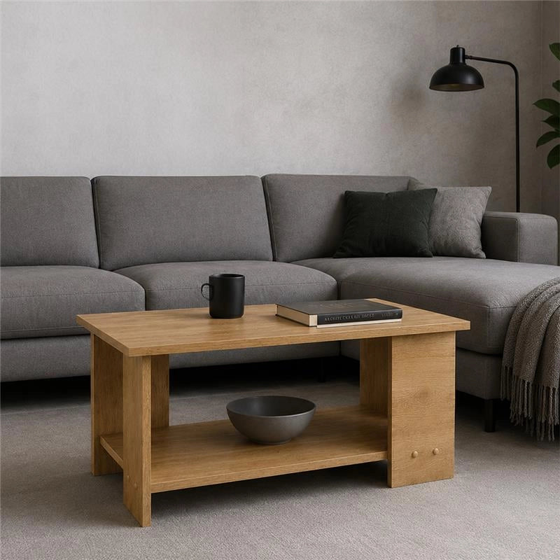 TAVOLO DA CAFFÈ RETTANGOLARE CON RIPIANO E 4 SUPPORTI COLORE ROVERE DIMENSIONI 89X48X42 CM