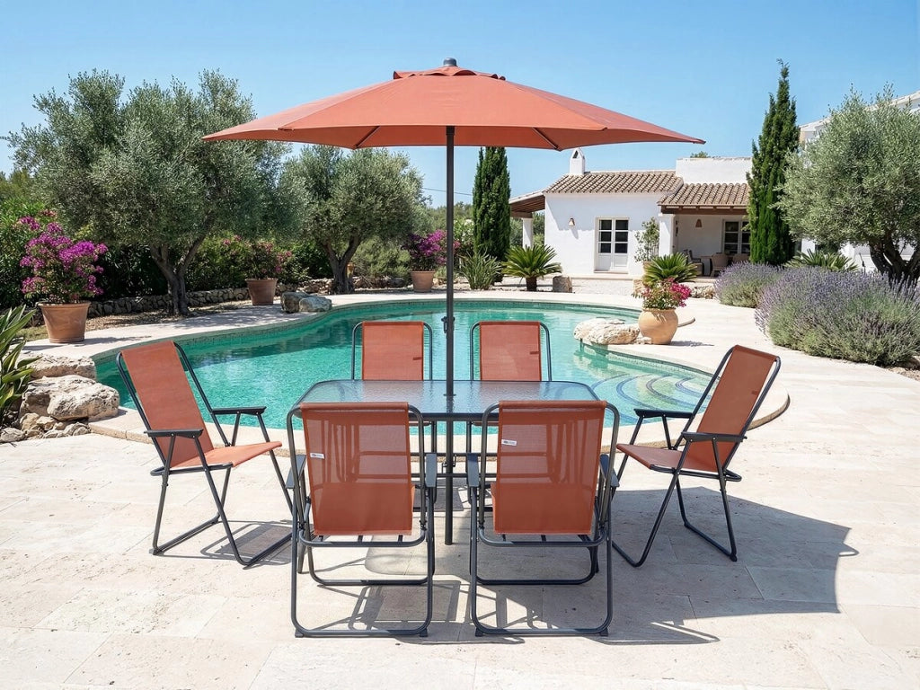 Tavolo e sedie da giardino in metallo "Convivia" con ombrellone - 6 posti - Terracotta