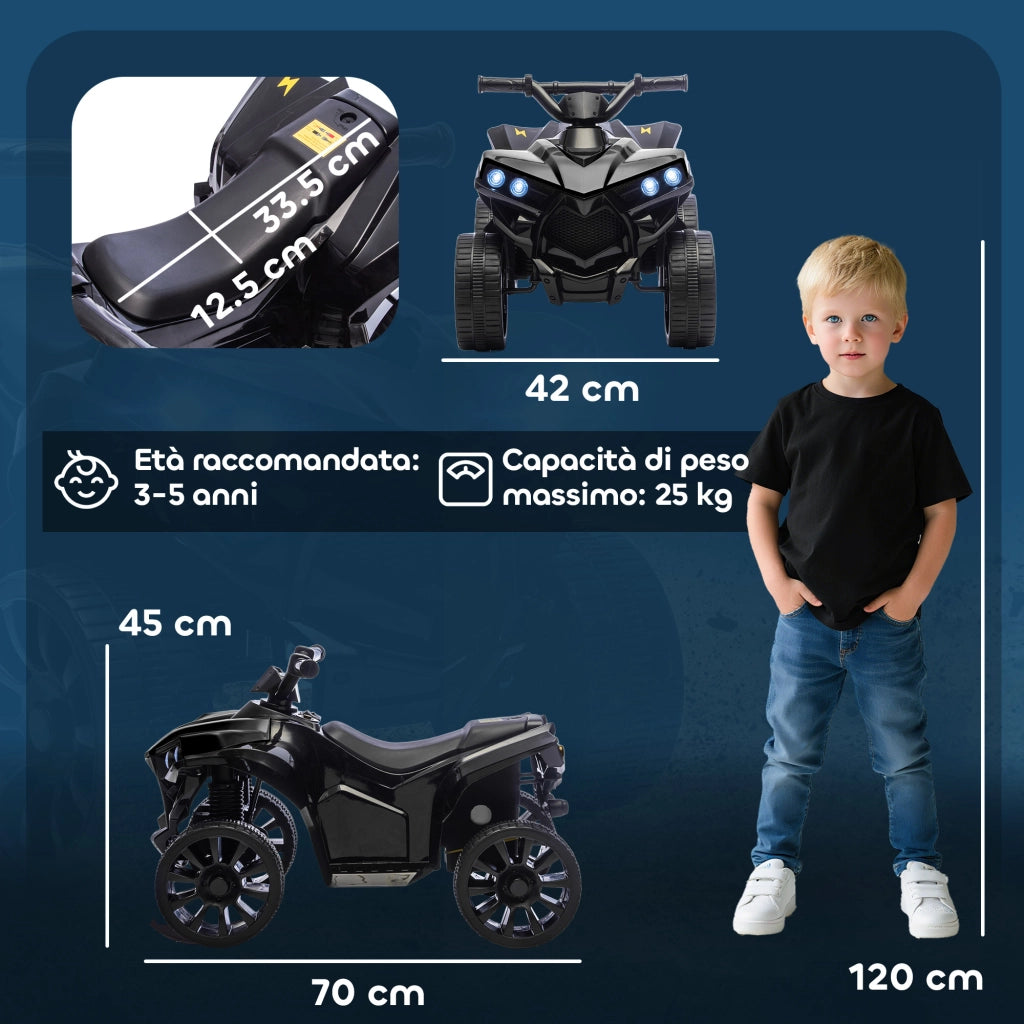 Quad Elettrico per Bambini ATV con Batteria Ricaricabile 6V Fari LED e Musica Nero