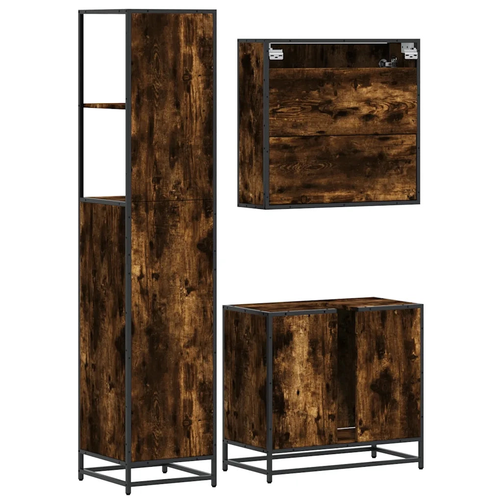 Set Mobili da Bagno 3 pz Rovere Fumo in Legno Multistrato