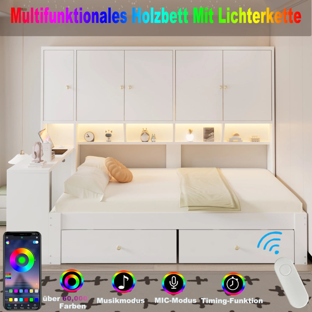 Letto multifunzione 90 x 200 cm con scrivania; cassetti; LED e prese; bianco
