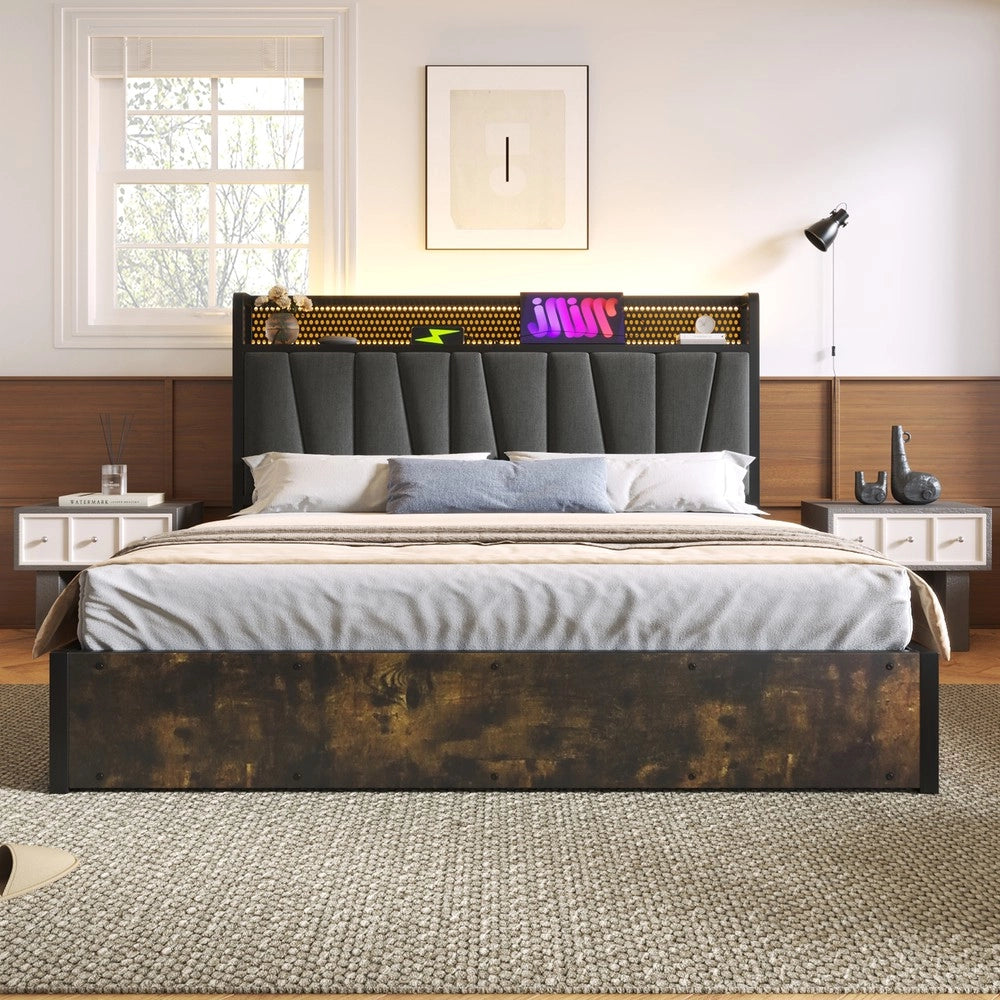 Letto Matrimoniale Imbottito con LED e USB ¨C Xylo ¨C Metallo Grigio 180x200 con Rete a Doghe