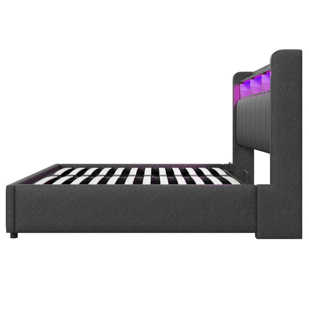 Letto imbottito 160x200 cm grigio con LED; USB; porta Type-C e contenitore idraulico
