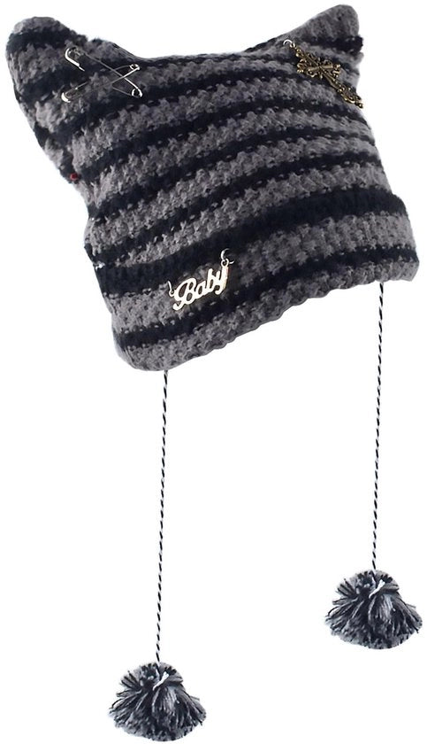 Cappello per Ragazze con Stampa Vintage - Beanie Caldo e Comodo - Grigio - Cappello con Finta Pelle di Gatto - Adatto per Ragazze e Ragazzi