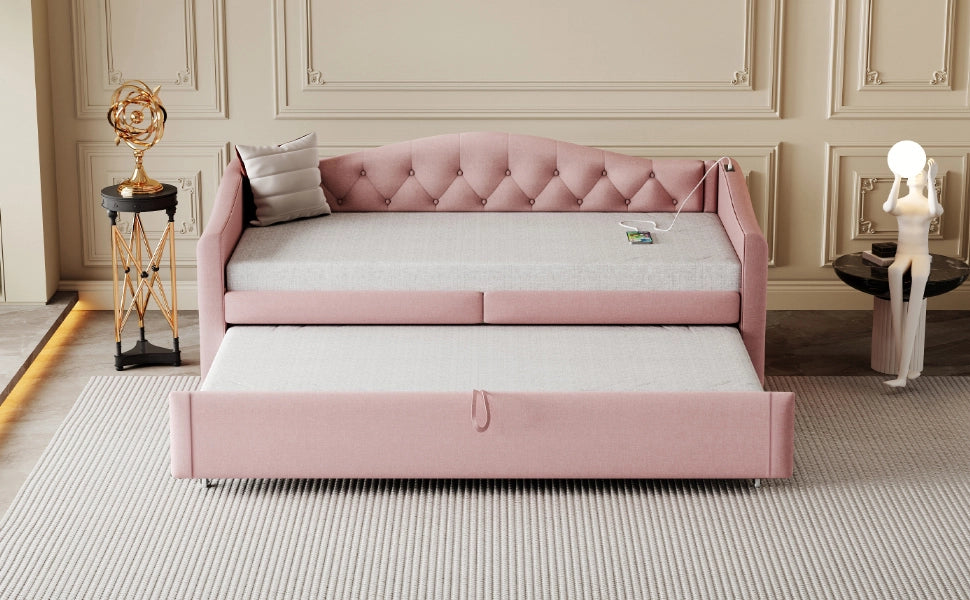 DESMIU Divano letto 90 × 200 cm 1 posto con porta USB, in lino, con materasso, rosa