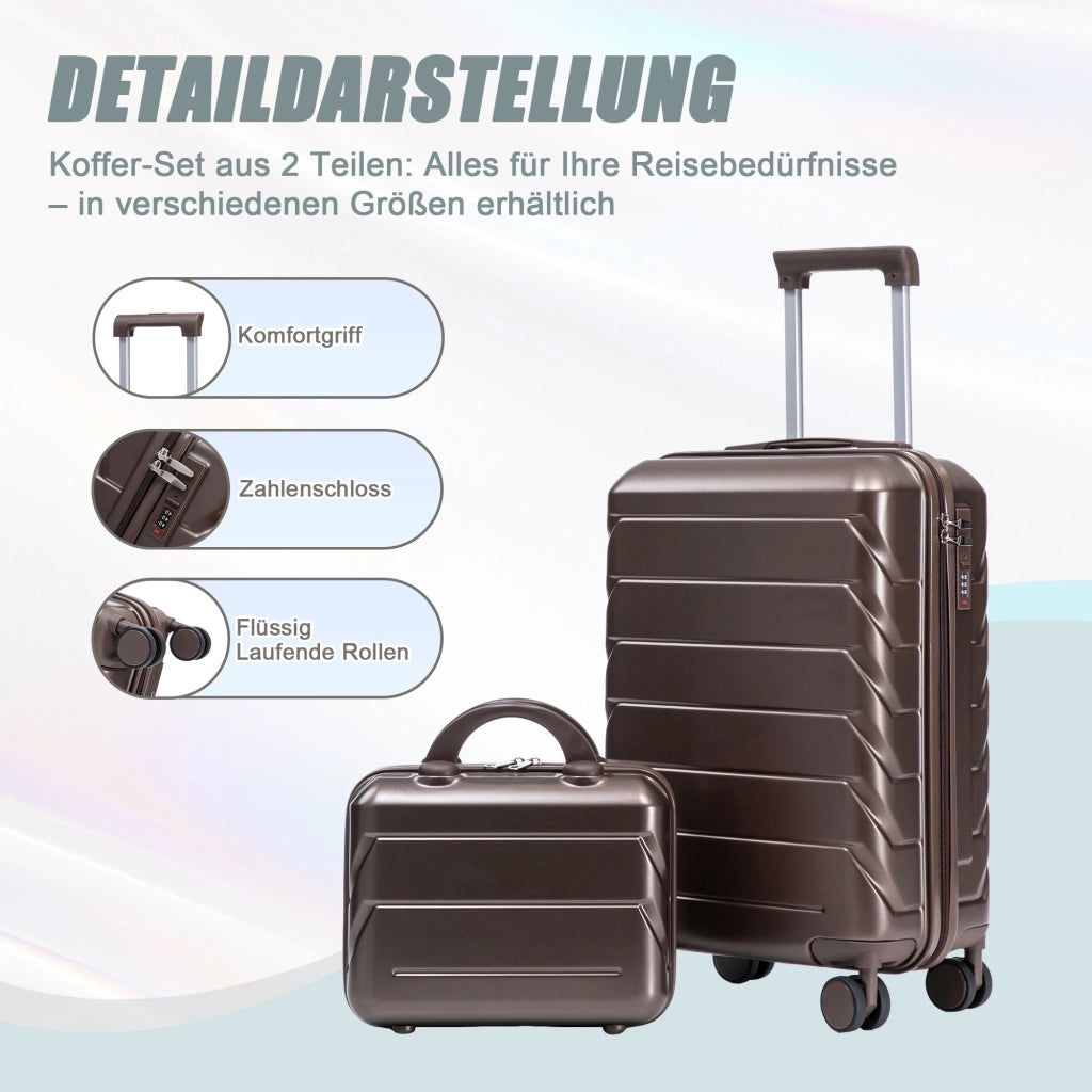 Set di 2 valigie girevoli in ABS da 14"/19" con lucchetto a combinazione e trousse da 14" (marrone)