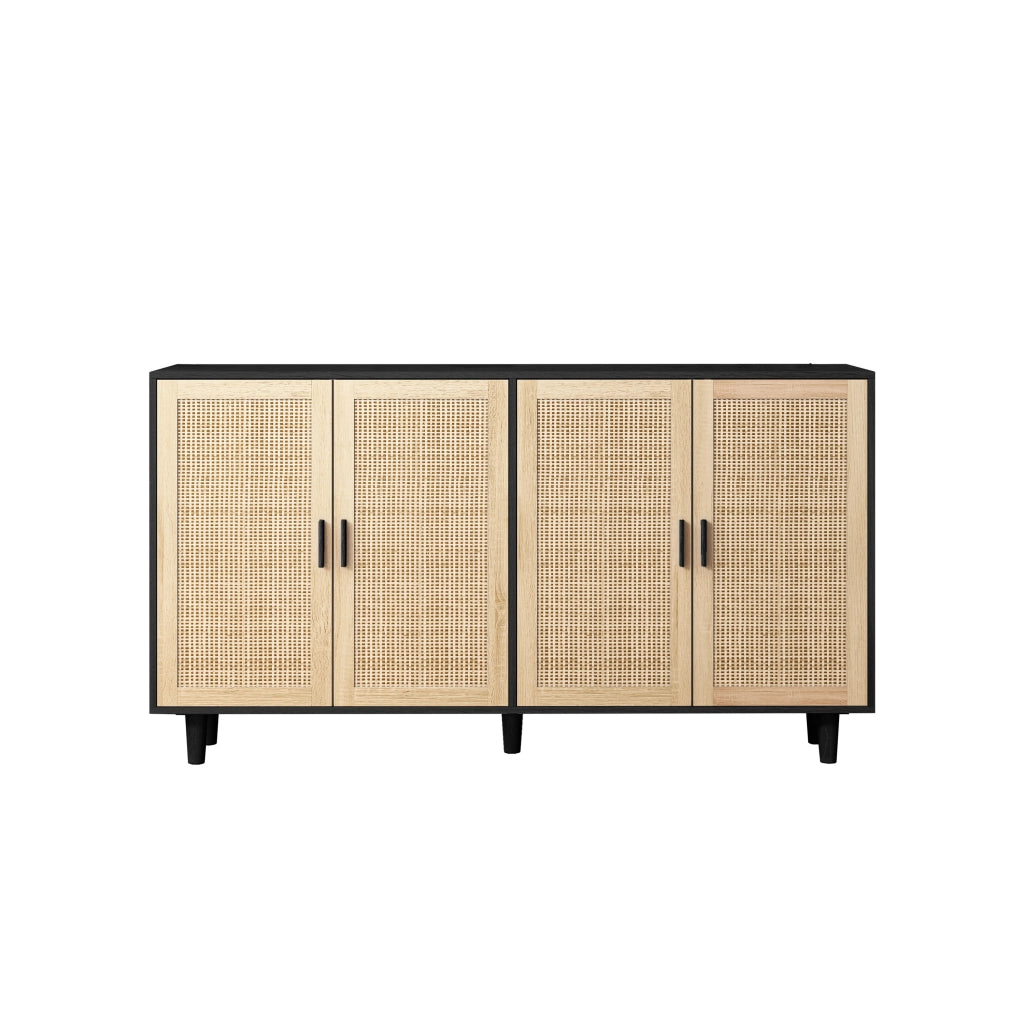 Mobile contenitore decorativo a 4 ante in rattan, 158 cm, nero, con ripiano regolabile