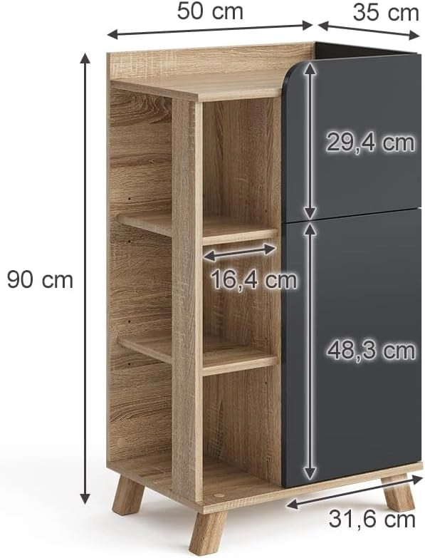 Armadietto di base Karen, Sonoma/antracite, 50 x 90 cm con anta e cassetto, adatto per la conservazione di articoli da bagno e asciugamani