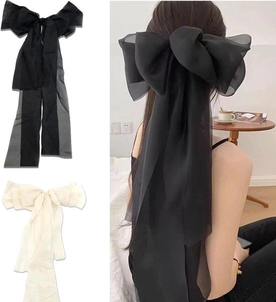 Spille per capelli con grande strascico di seta per donne e ragazze - 2 pezzi. Ideale per matrimoni e feste. 30 cm di lunghezza, setoso e elegante in rosa e bianco.
