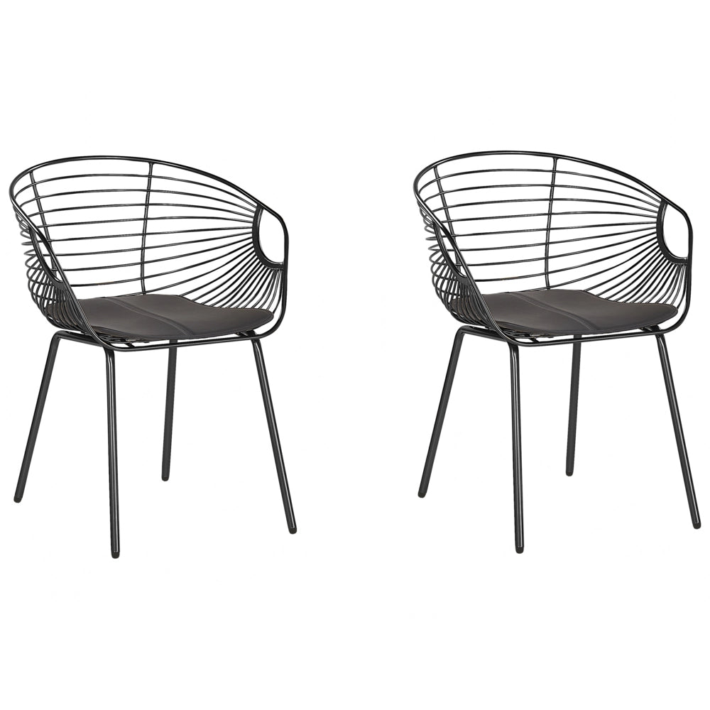 Set di 2 sedie da pranzo in filo di metallo Nero design ecopelle cuscino sedile Nero industriale moderno