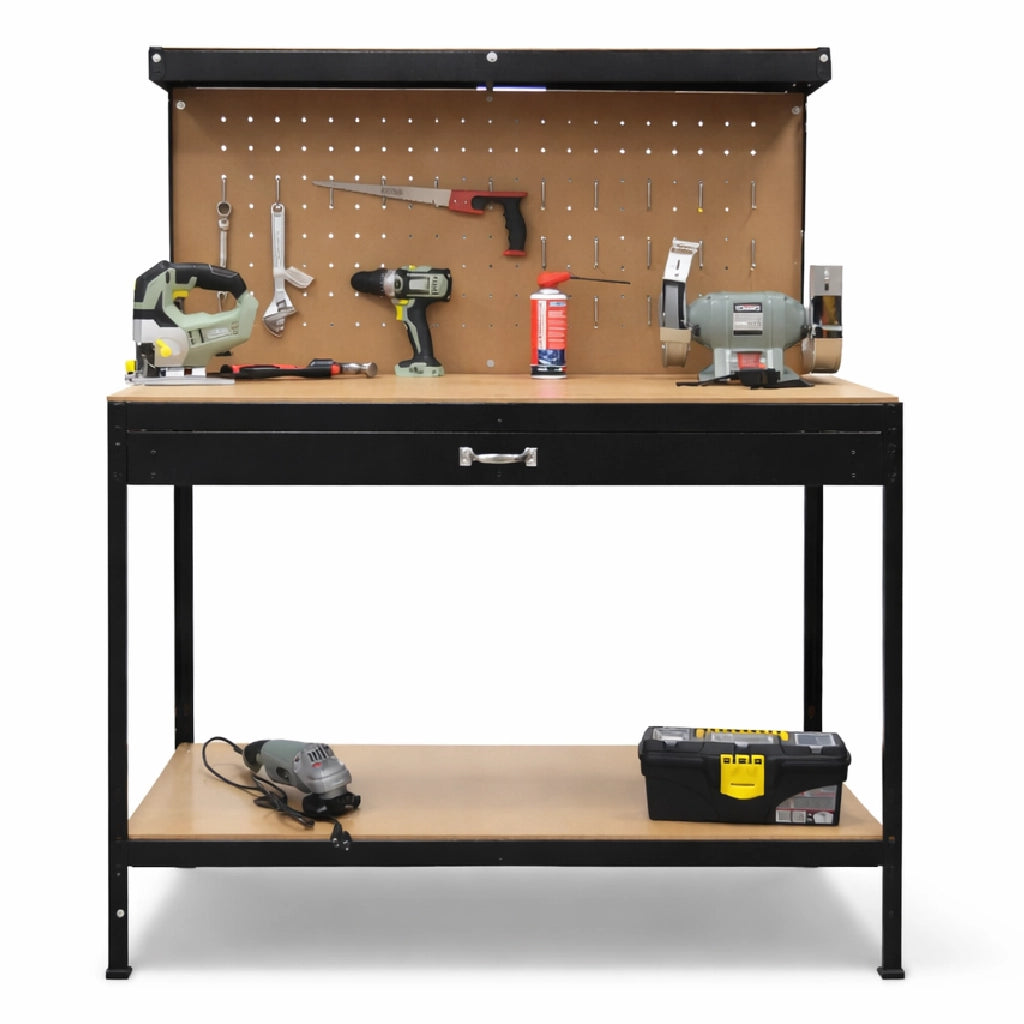 Banco Lavoro Officina Porta Utensili 120x60 H150 cm Cassetto 20 Ganci 3 Ripiani