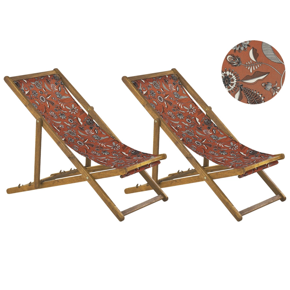 Set di 2 sedie a sdraio da giardino con struttura in legno di acacia chiaro con motivo floreale in tessuto amaca sedile reclinabile