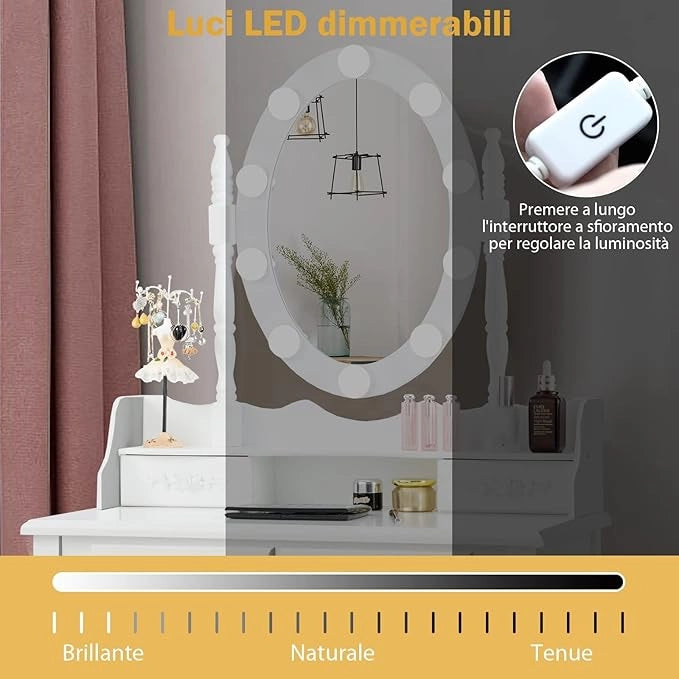 Set Toeletta da Trucco, Illuminata a 10 Lampadine LED, 4 Cassetti per Cosmetici, Specchio Regolabile e Staccabile, Sgabello Imbottito, Moderno ed Elegante, 75x40x145 cm, Bianco