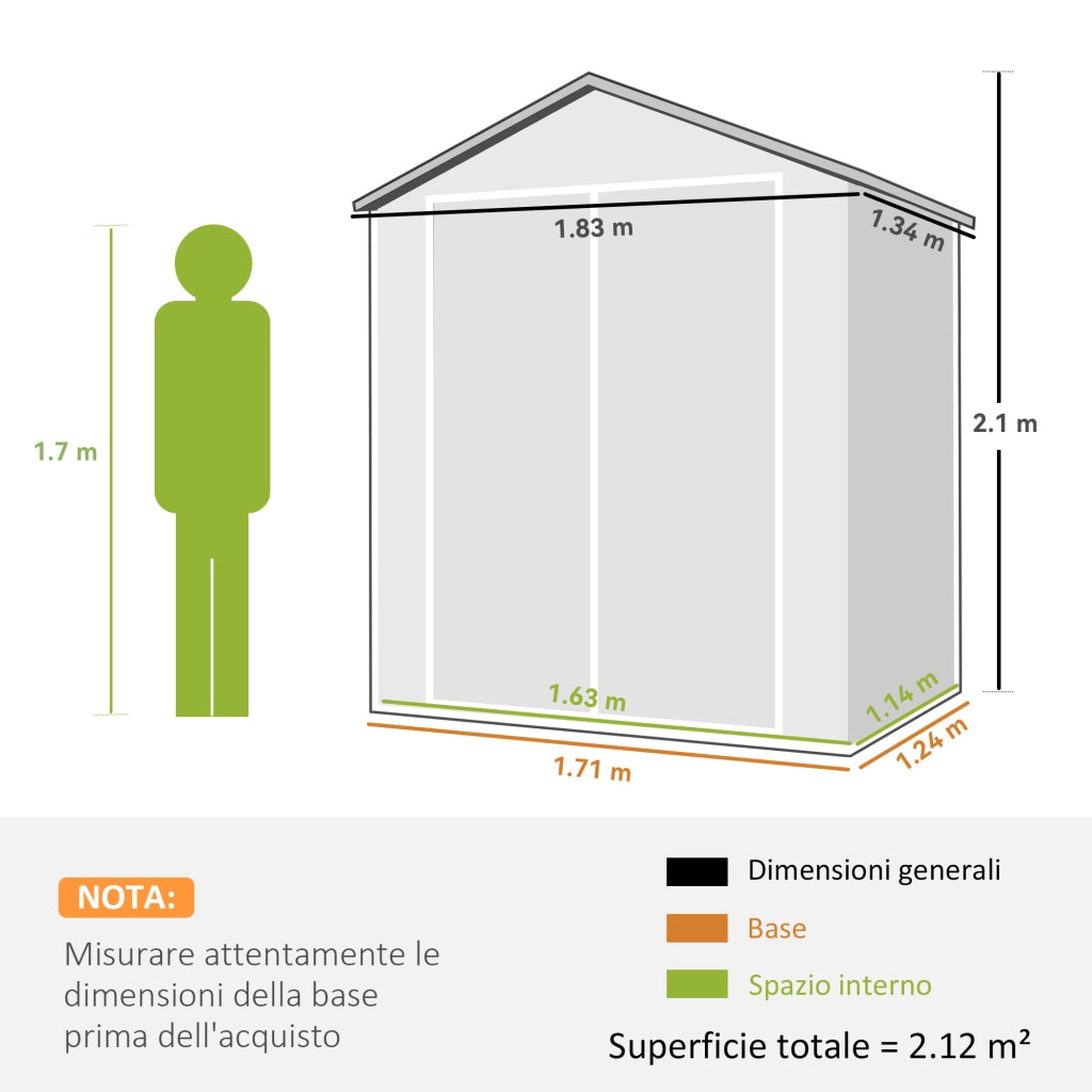 Casetta da Giardino con Finestra e Doppia Porta PP e Alluminio. 183x134x210 cm. Grigio