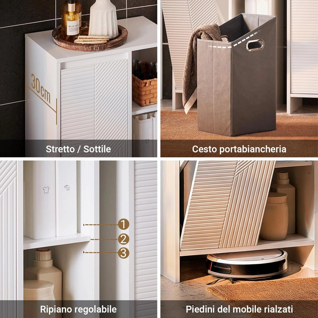 Mobiletto Bagno Salvaspazio con Cesto Portabiancheria – Mobile Bagno Salvaspazio Armadietto Alto e Stretto con Anta a Ribalta e Ripiani Aperti, 86x50x30cm, Bianco BZR156-W