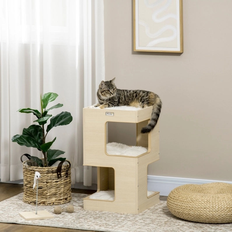 Torre tiragraffi ULEVR per gatti 34x34x60 cm a 3 livelli con cuscini e gioco a forma di topo, rovere