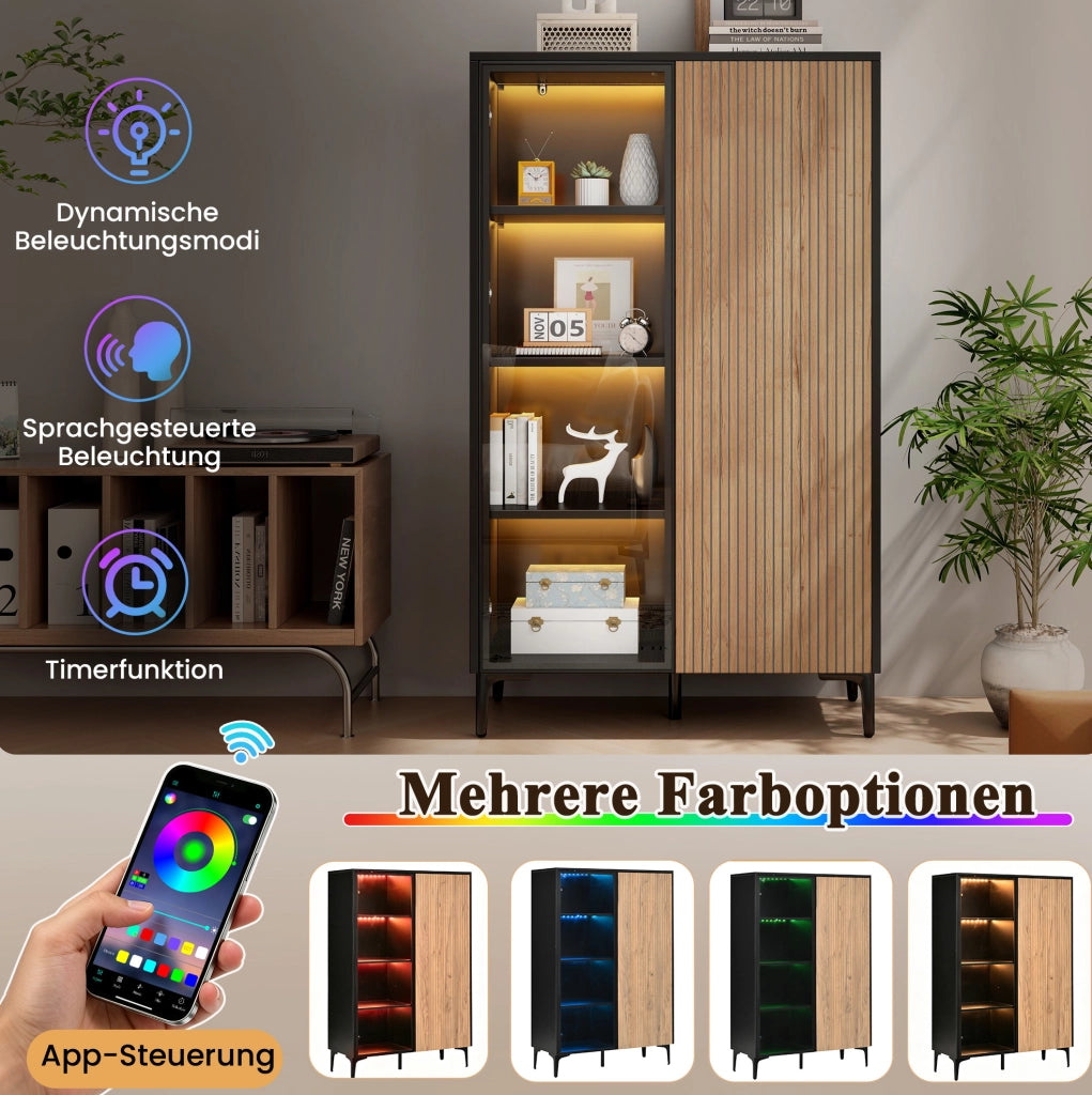 Mobile vetrina alto 90x40x135 cm con LED RGB; 2 ante; MDF nero e naturale