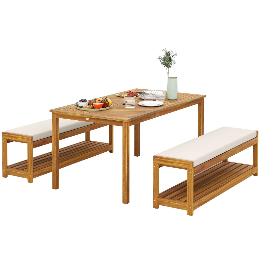 Set da giardino a 3 pezzi: tavolo da pranzo (foro per ombrello) + 2 panche; 150x85x75 cm; teak