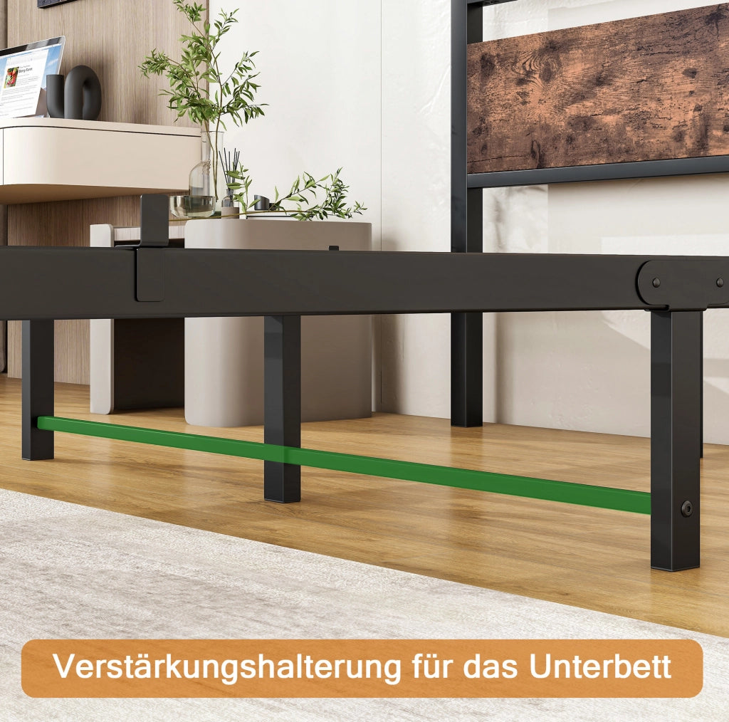 Letto ULEVR 140x190 cm in metallo e MDF, con rete a doghe e spazio sottostante, marrone antico