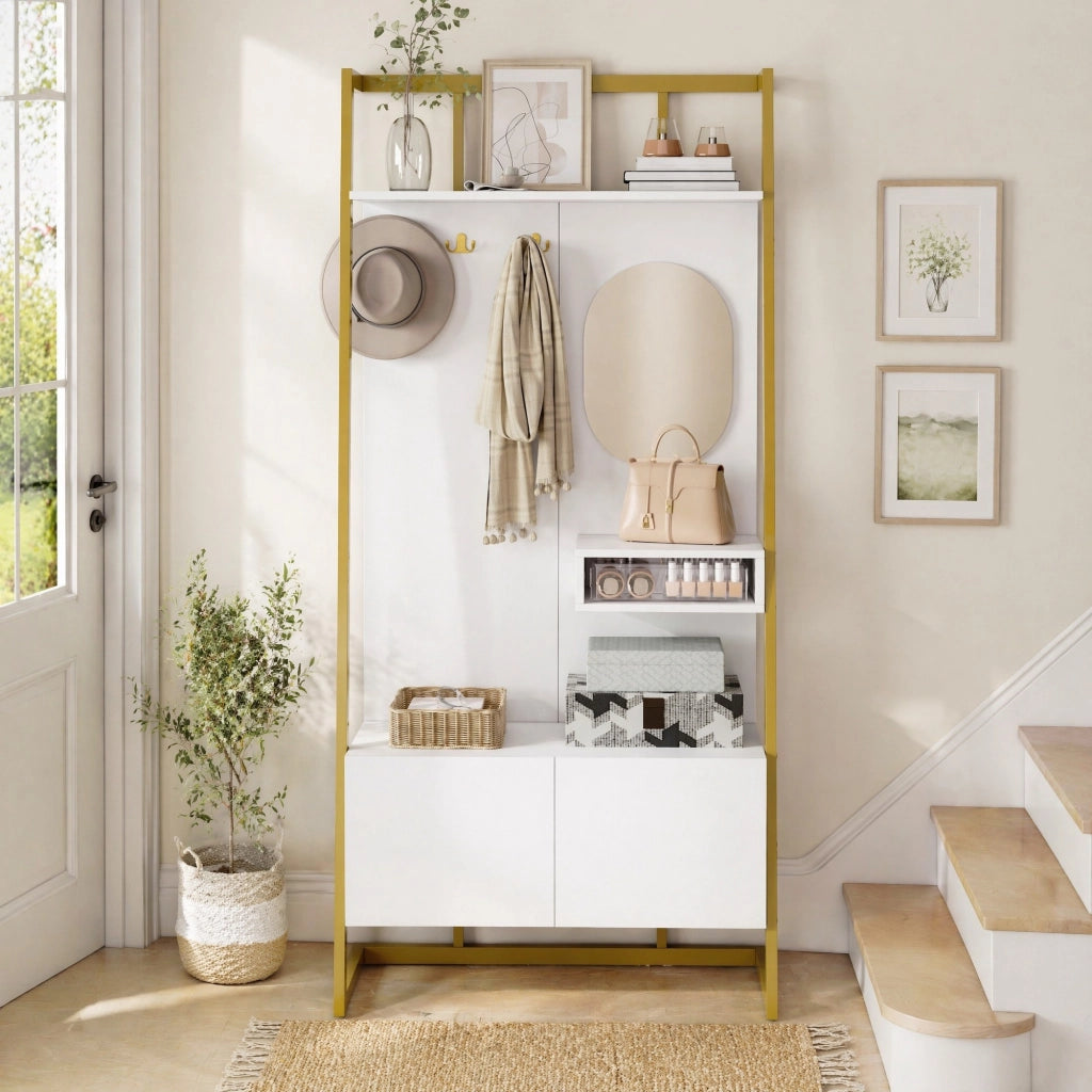 Ensemble de meubles de salon armadio da ingresso con specchio, ganci e ripiani, in MDF bianco