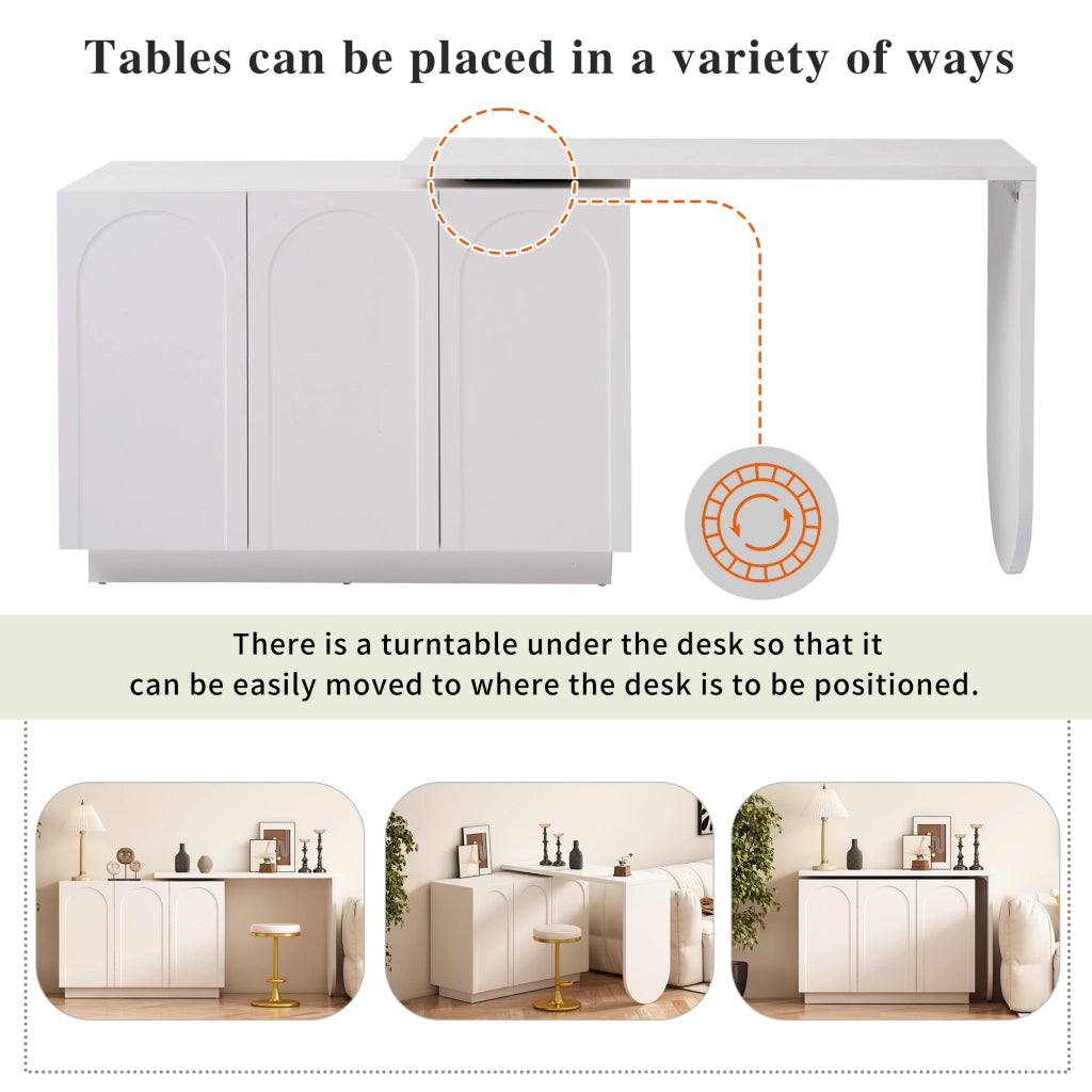 Scrivania angolare con mobile e piano girevole a 360 gradi, 3 vani con ripiani regolabili, in MDF bianco, 110 cm