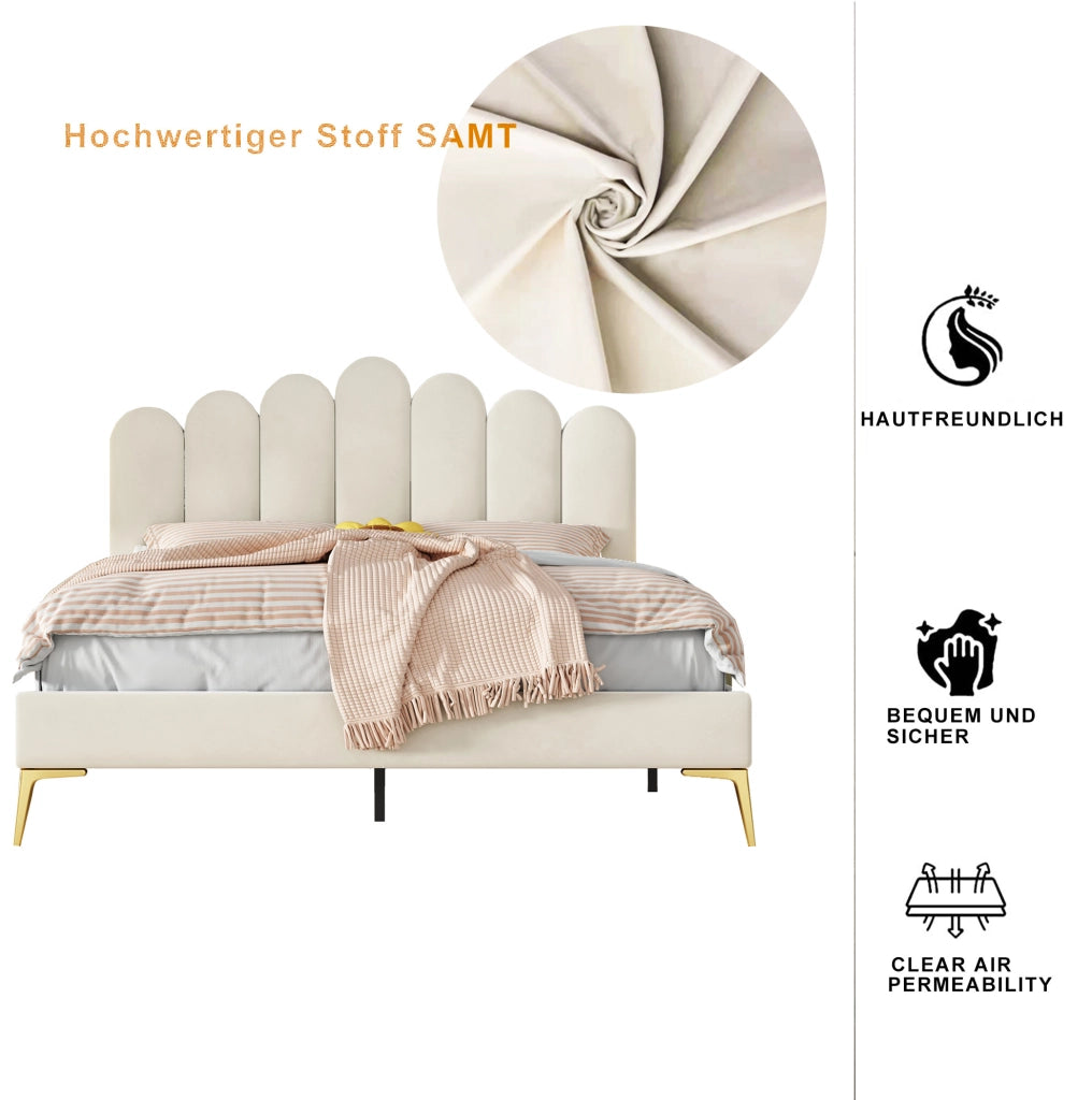 Letto imbottito 140 x 200 cm in velluto beige con testiera regolabile