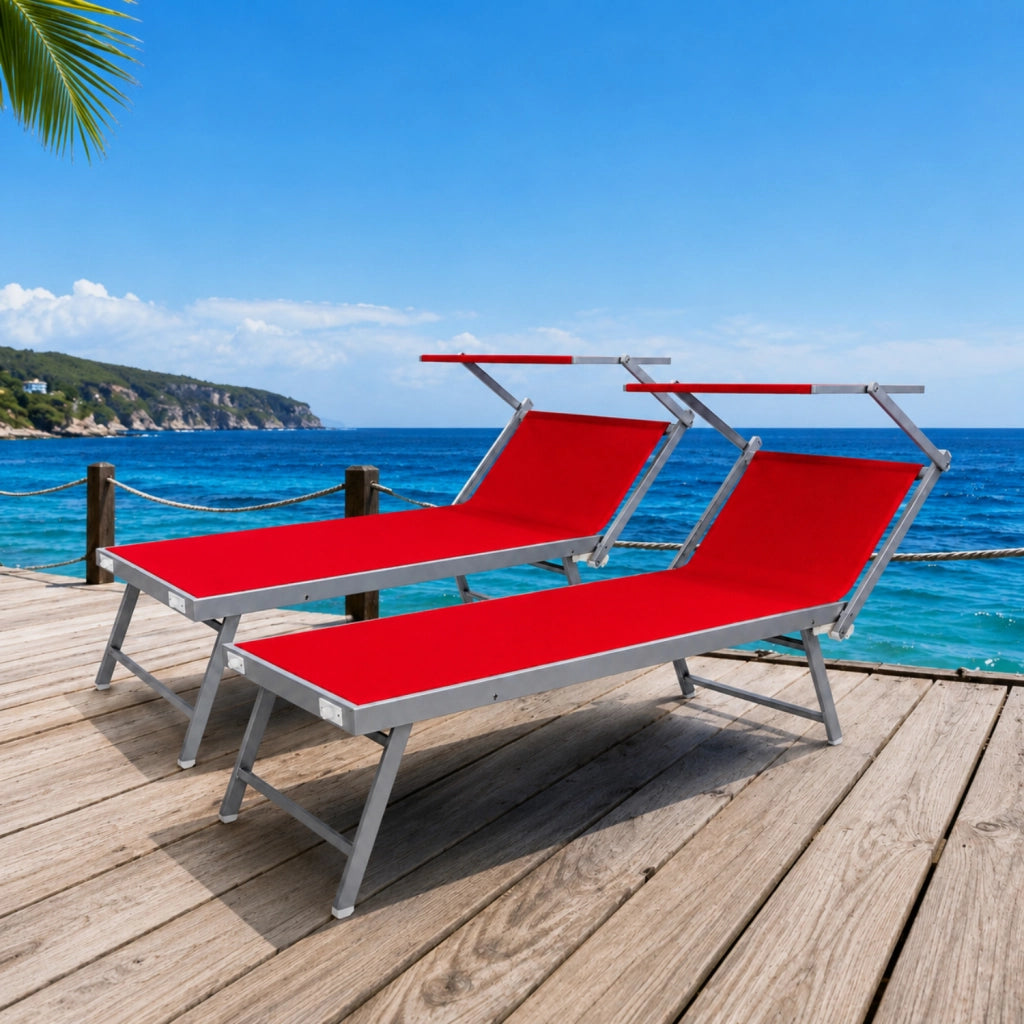 Set 2 Lettini Prendisole Pieghevoli Professionali In Alluminio Leggero Con Tettuccio Parasole Regolabile Sdraio Relax Mare Spiaggia Piscina Giardino Terrazza 182 x 60 x 38 Cm Rosso
