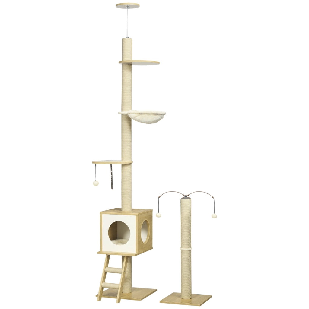 Albero tiragraffi per gatti altezza regolabile con gioco ¨C zephmum ¨C beige 40x40x225-285 cm
