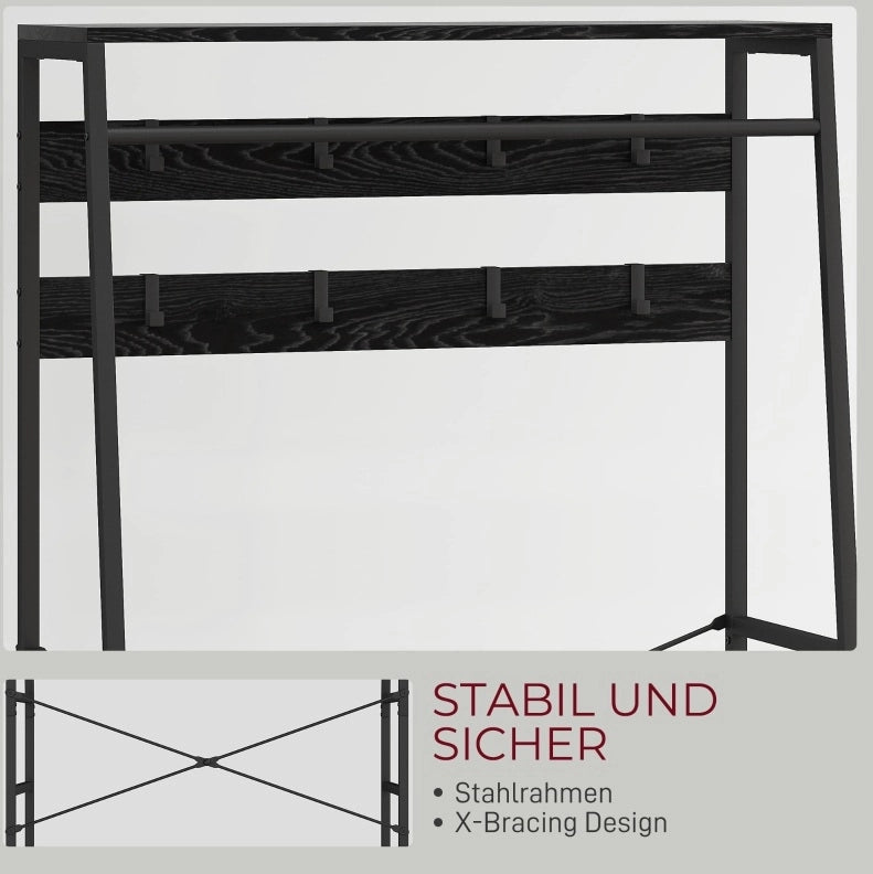 Appendiabiti da ingresso con scarpiera; 8 ganci; 2 cassetti in tessuto; nero; 80x30x180;5 cm