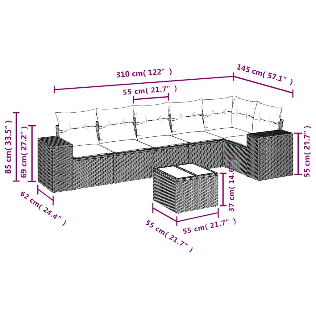 Set Divani da Giardino 7 pz con Cuscini Grigio in Polyrattan 3222599