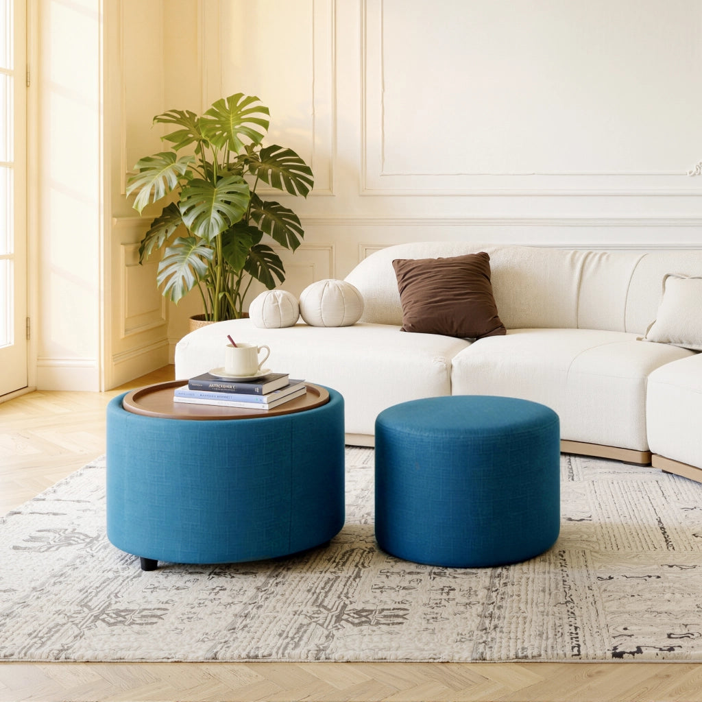 Repose-pied rotondo impilabile in lino con contenitore e vassoio in legno set da 2 salvaspazio blu