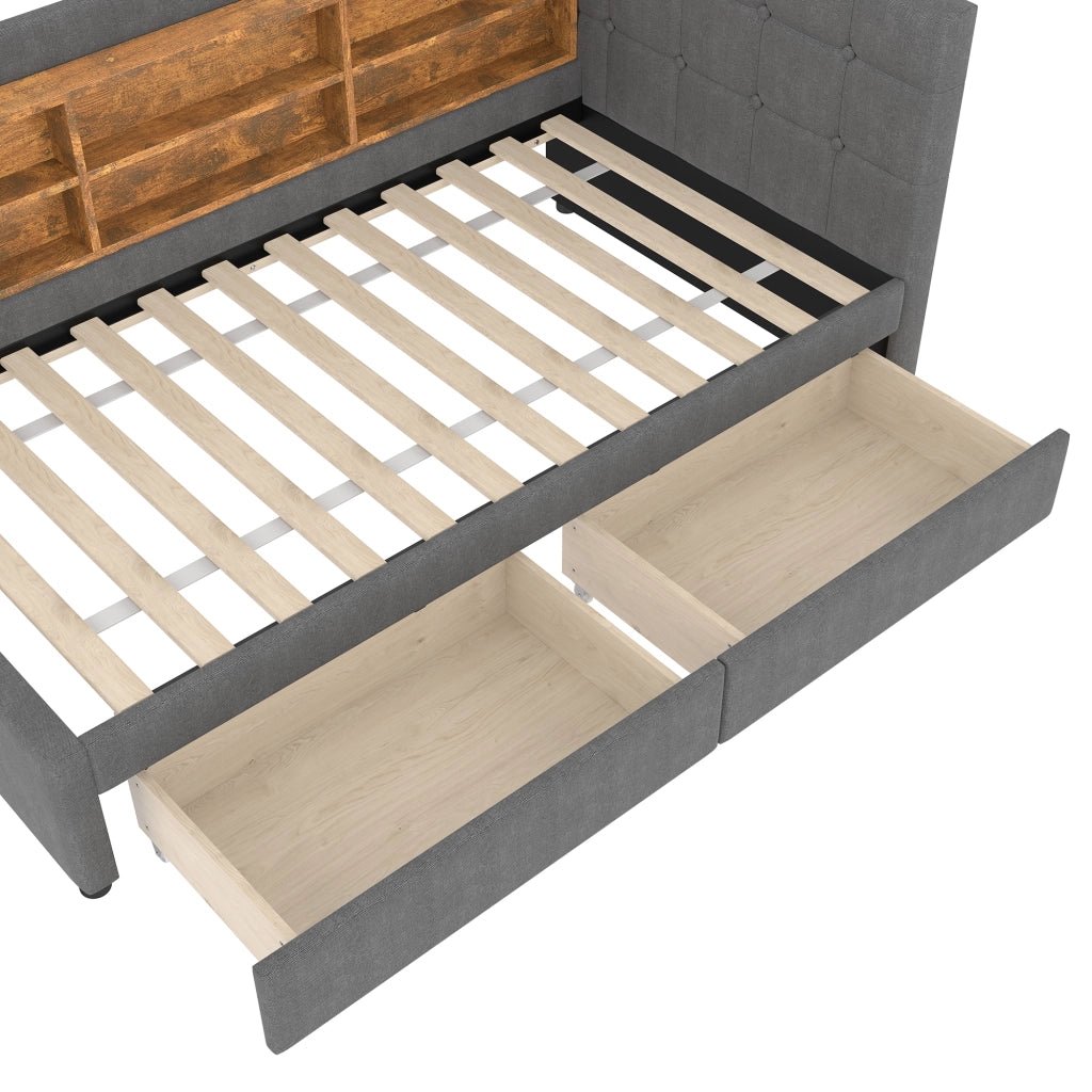 DESMIU Letto singolo 90 × 200 cm con 2 cassetti, USB, Type-C e ripiani, senza materasso, in lino, grigio