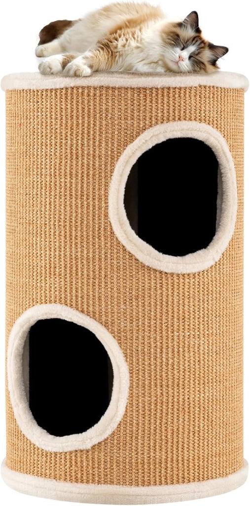 Tiragraffi per Gatti a Sgabello 47 cm, Grotta per Gatti con Palla Pompon Sospeso e 3 Tronchi Tiragraffi in Sisal, Cuccia per Gatto da Interno Piccolo Ø40, Beige