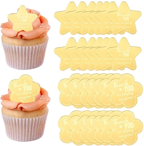 Decorazioni per torte a forma di stelle e fiori, 30 pezzi, con specchio dorato, acrilica, decorazioni per dessert e gelato, materiali leggeri.