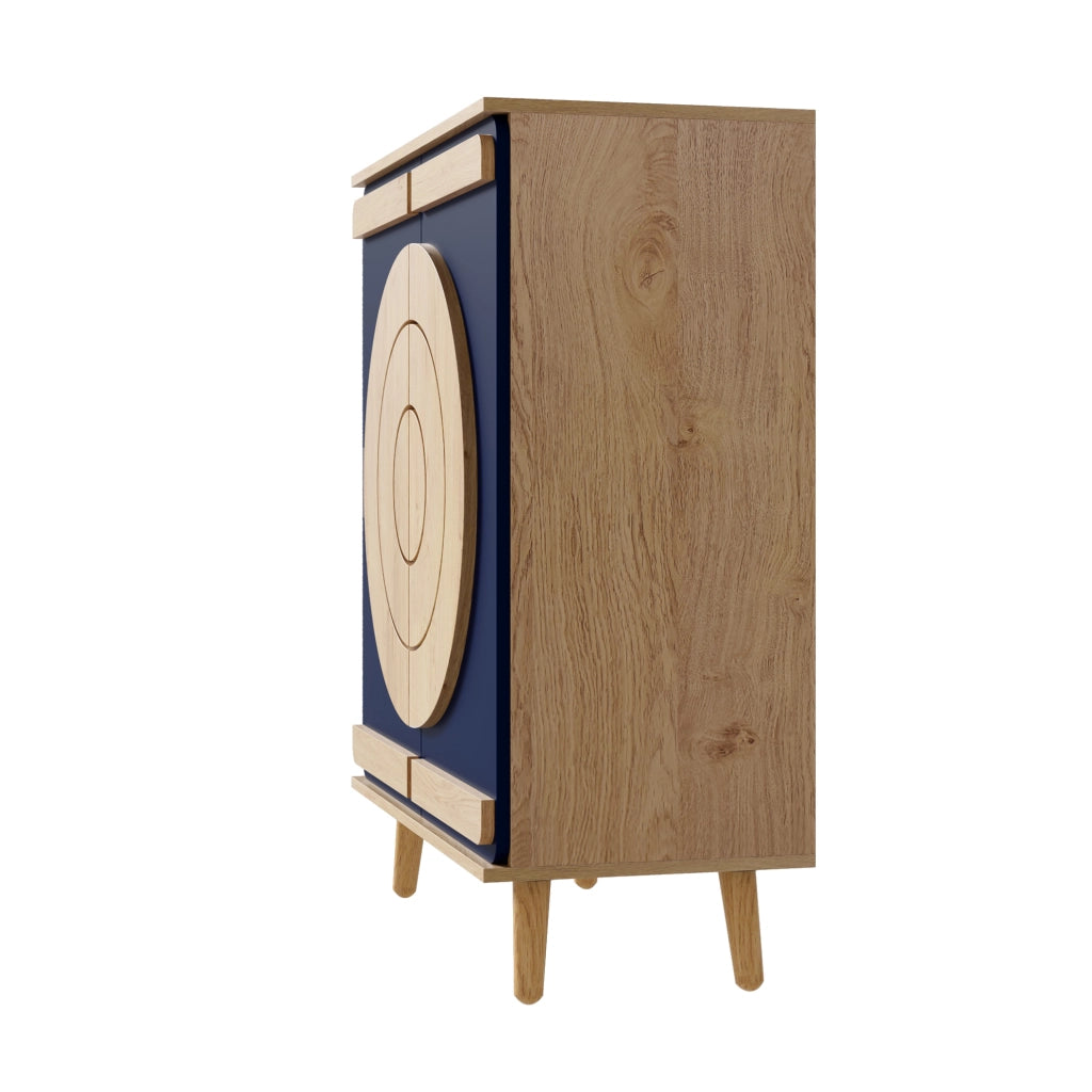 Mobile scarpiera moderno con porte geometriche; 76x37x98;5 cm; in pannelli truciolari blu e naturale