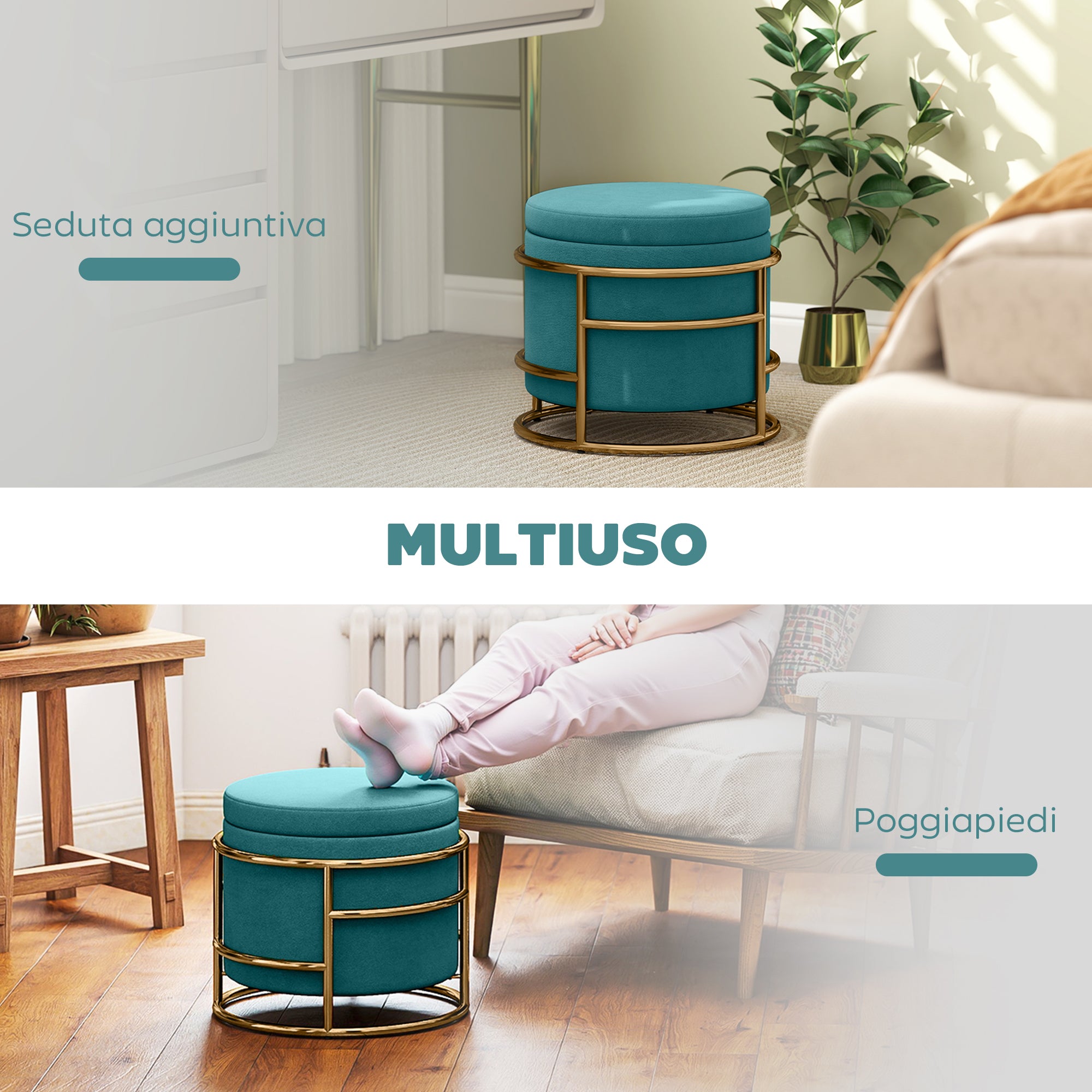 Pouf Contenitore Rotondo Ø42x39 cm in Tessuto Effetto Velluto Verde