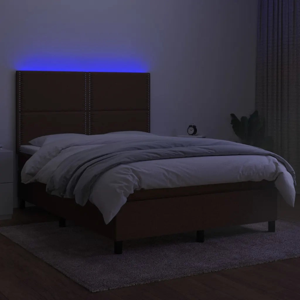 Letto a Molle Materasso e LED Marrone Scuro 140x200 cm Tessuto 3134800