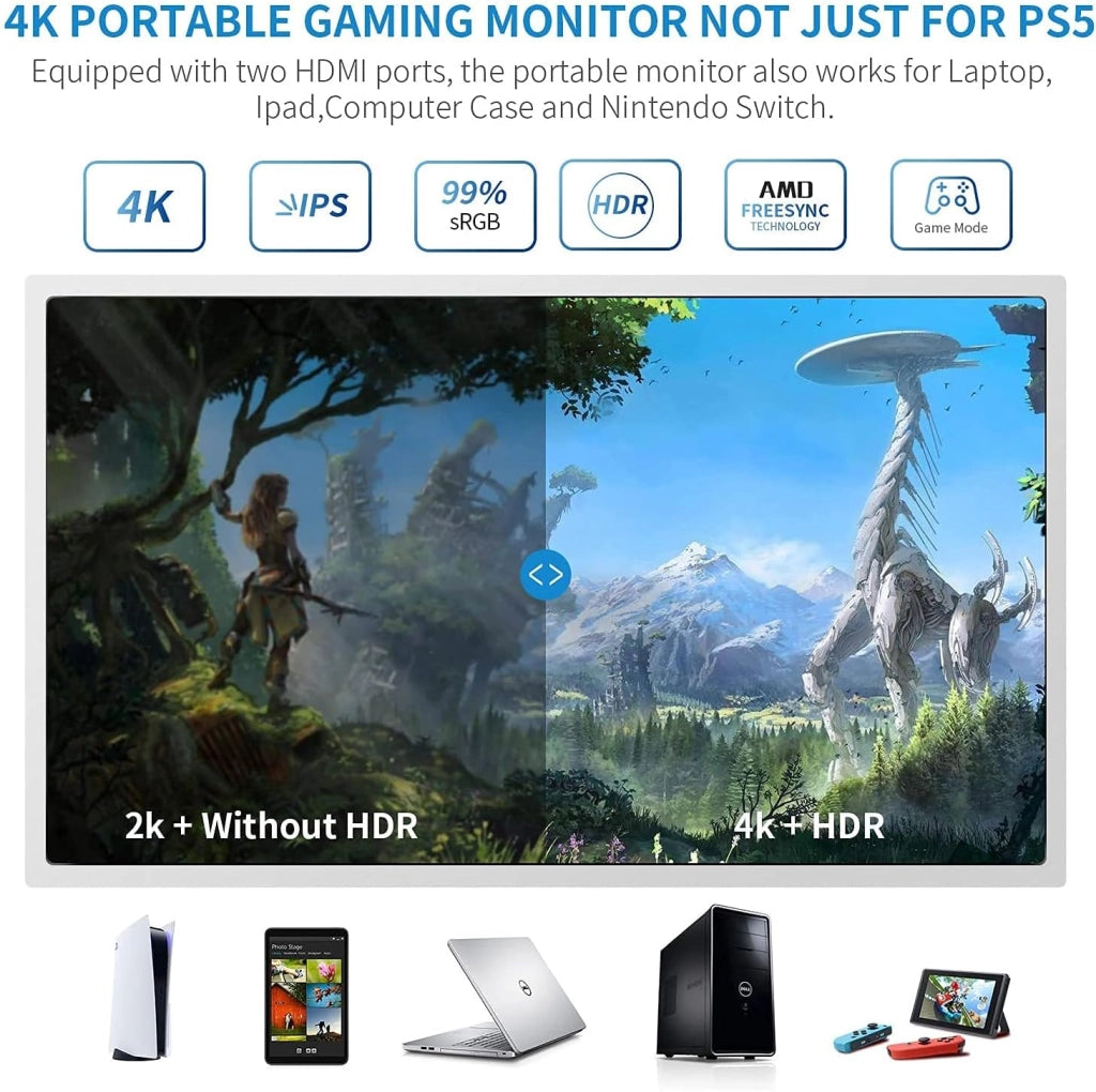 15.6'' Monitor portatile per PS5, schermo portatile UHD 4K IPS per PS5 (non incluso) con due HDMI, HDR, Freesync, modalità di gioco