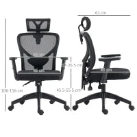 Sedia da Ufficio Ergonomica con Altezza Regolabile, Supporto Lombare e Poggiatesta, 66x61x106-116cm Nero