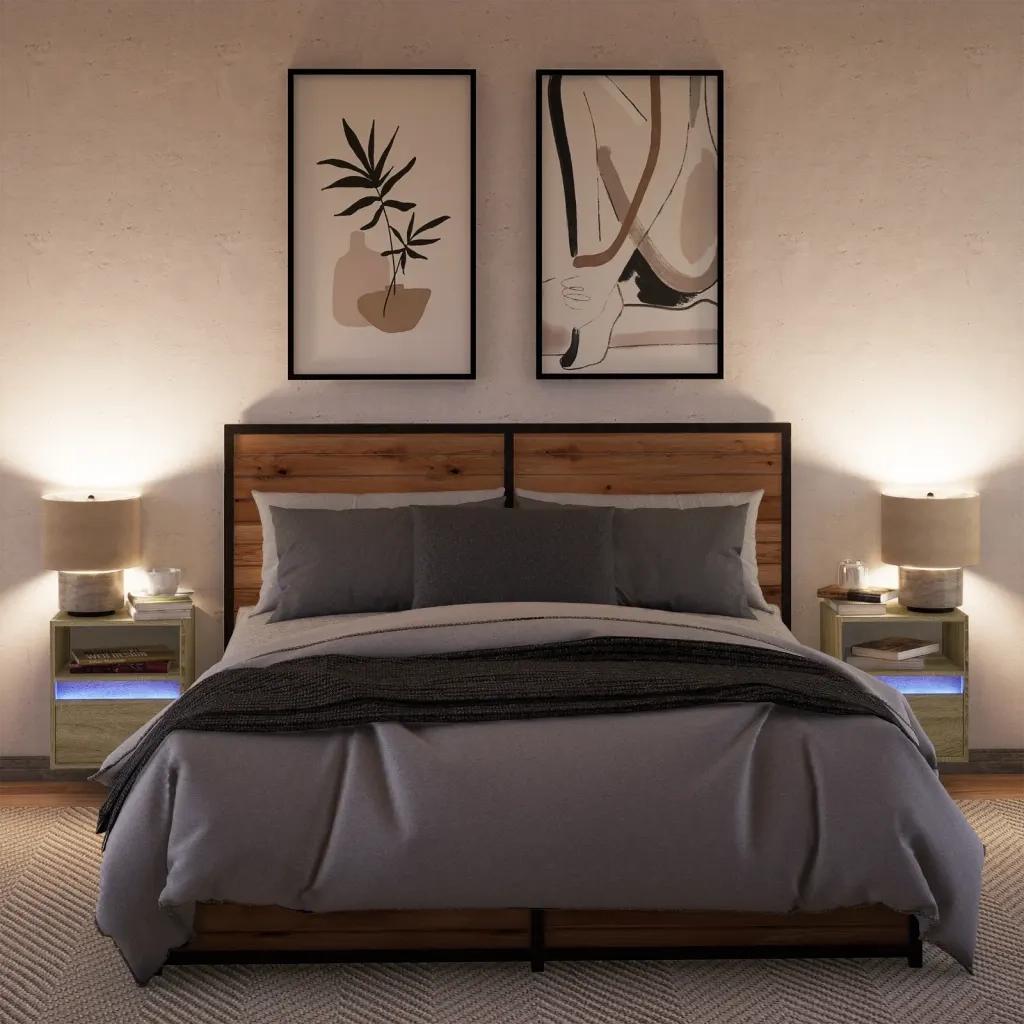 Comodini a Parete con luci LED 2 pz Rovere Sonoma