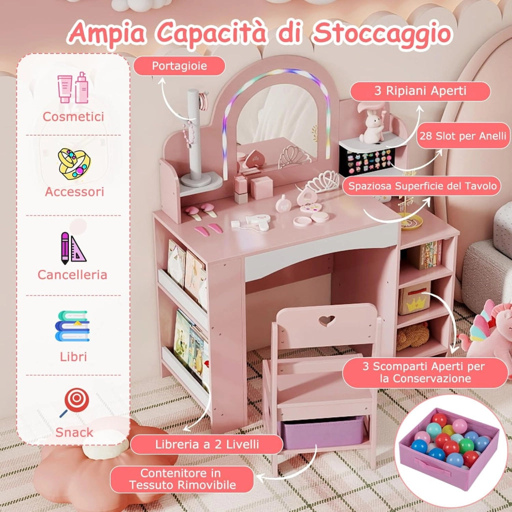 Toeletta Trucco per Bambina con Sgabello, Postazione Trucco con Luci, Scaffali a Vista, Prtagioielli, Libreria a 2 Ripiani e Contenitore in Tessuto, Ideale per Bambina 3+ Anni (Rosa)