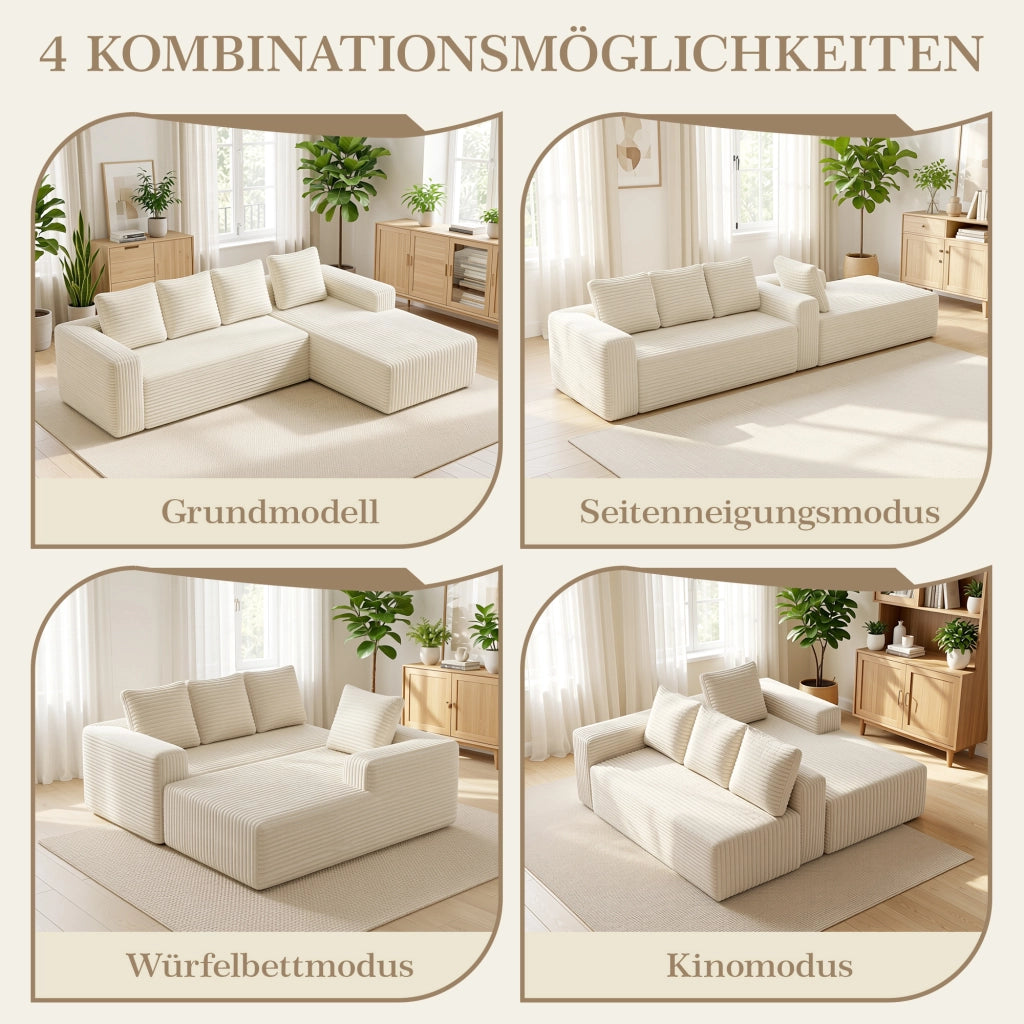 Divano angolare modulare componibile con chaise reversibile e seduta profonda senza montaggio in velluto a coste beige