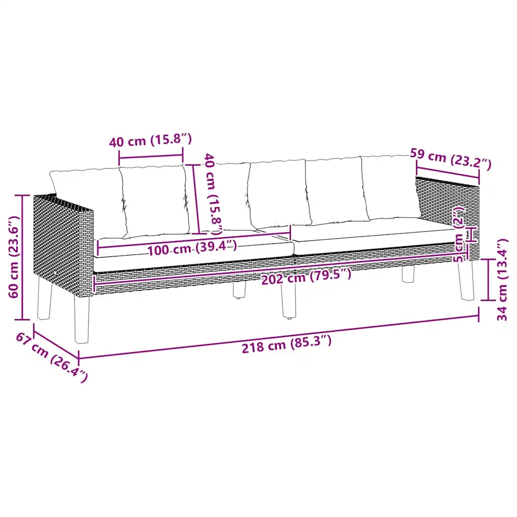 Divano da Giardino a 3 Posti con Cuscini in Polyrattan Nero 310214