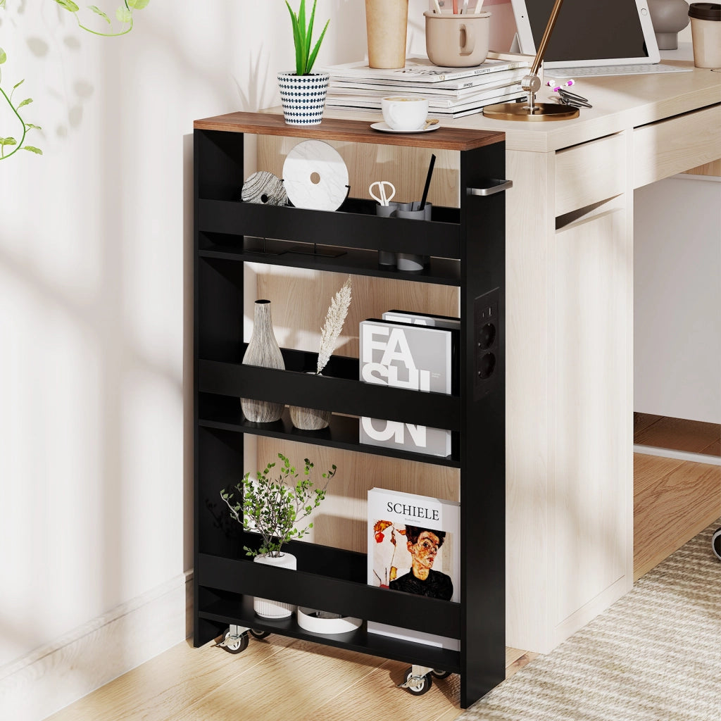 Carrello da cucina 4 ripiani con stazione di ricarica maniglia e parapetti-Scaffale stretto a sfilo con ruote bloccabili per cucina  Nero e noce