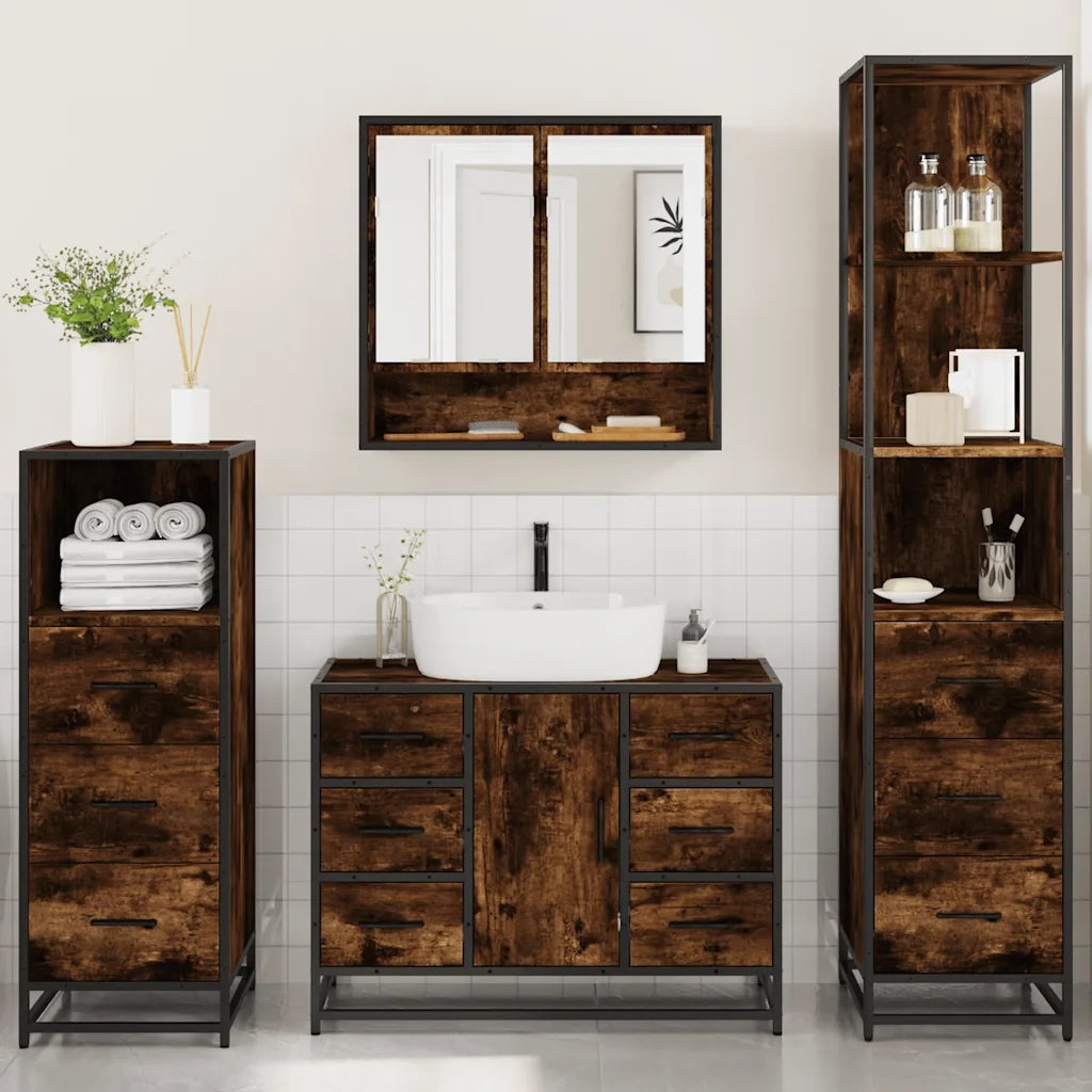 Set Mobili da Bagno 4 pz Rovere Fumo in Legno Multistrato