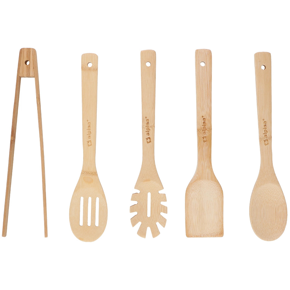 Set 5 Utensili da Cucina in Bambù Lunghezza 30 cm Antigraffio Colori Assortiti