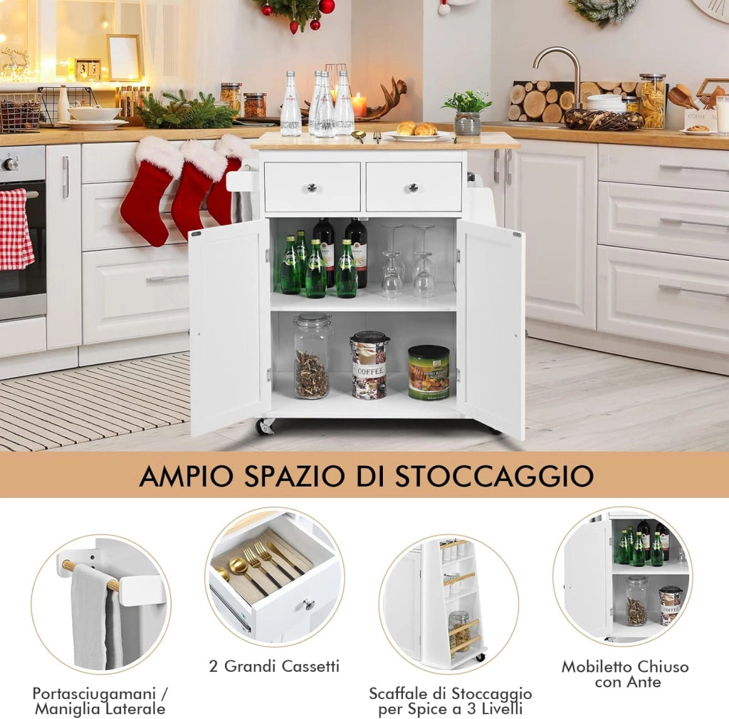 Carrello di Servizio Cucina con Ruote, 2 Cassetti e Portaspezie, Portasciugamani e 2 Porte, Ideale per Casa Ristorante e Bar, MDF + legno di gomma 88x45x89,5 cm (Bianco)