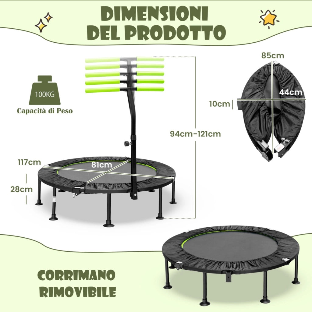 Trampolino silenzioso fitness per bambini e adulti con maniglia regolabile-Trampolino pieghevole 117cm Verde