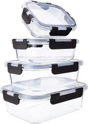 4 scatole di vetro premium con coperchio ermetico - staccabili e ripiegabili. Utilizzabile in forno, lavastoviglie, congelatore, microonde. Scatole di stock: 370, 640, 1040, 1520 ml