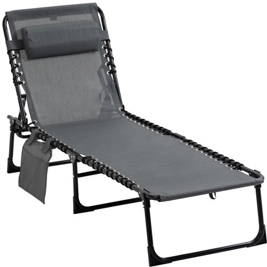 Liggiolo pieghevole con cuscino, comodino con tasca laterale, poltrona da giardino con schienale regolabile 5 volte, poltrona da campeggio resistente all'usura, capacità di carico fino a 120 kg, adatto per giardino, spiaggia, piscina, colore grigio.